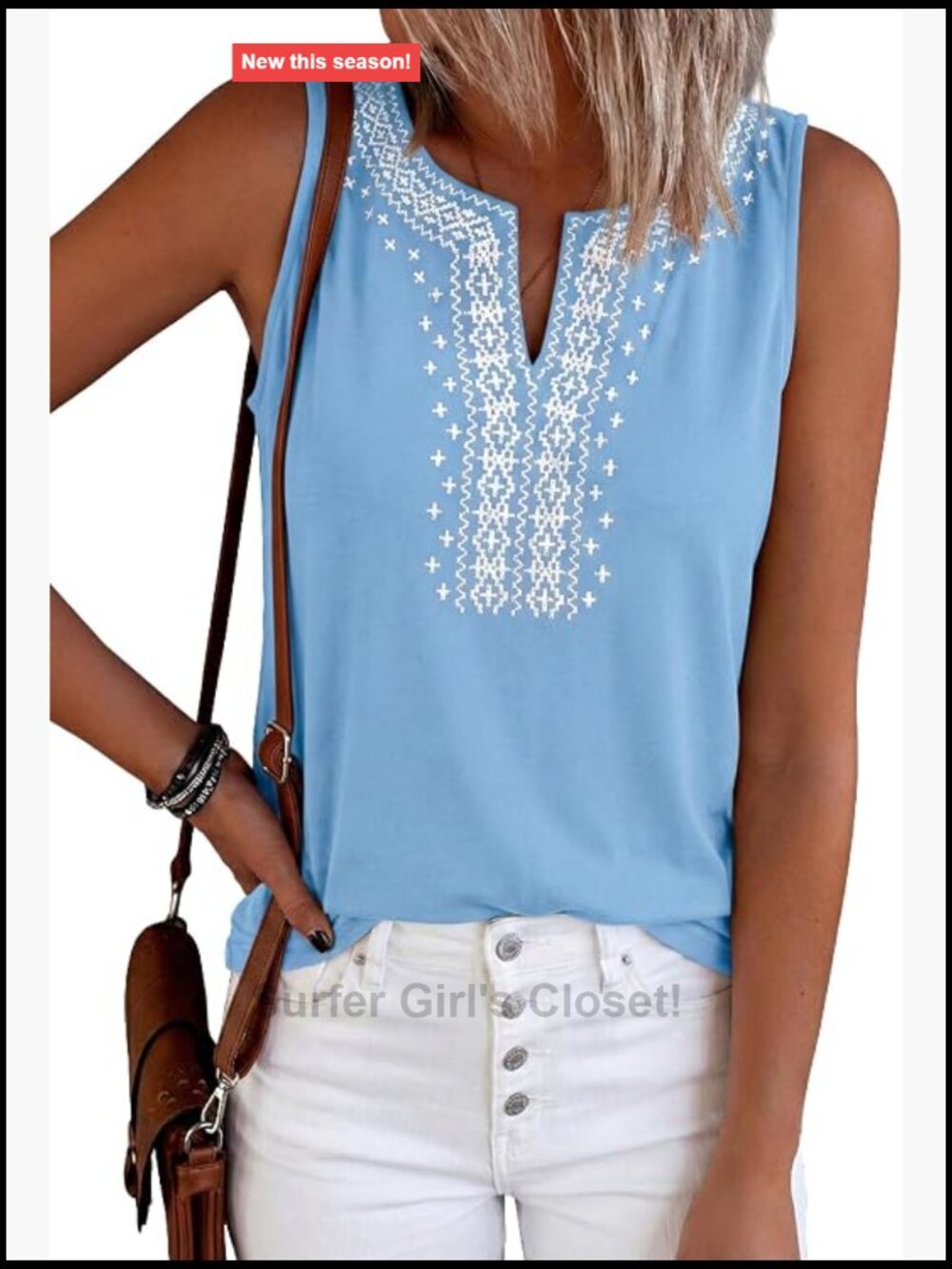Sleeveless Embroidered Boho V-Neck Tank Top Summer Cotton Cami